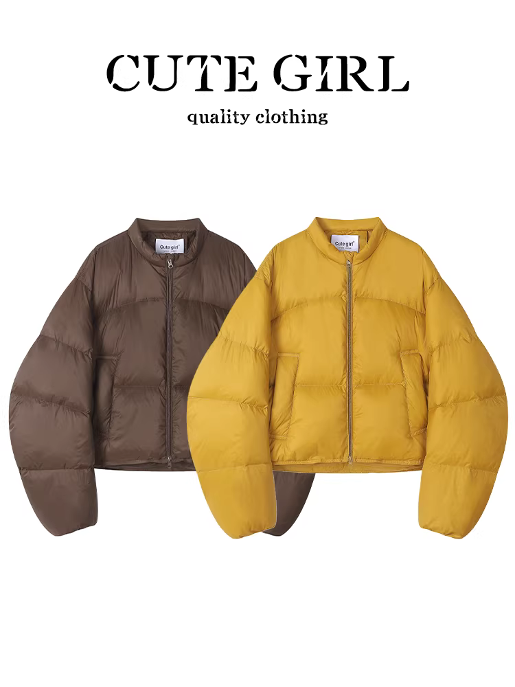 Áo khoác ngắn cổ đứng màu vàng phong cách Hàn Quốc có tay áo cong dành cho nữ, mùa đông, dáng nhỏ nhắn, dáng rộng, áo khoác phao đa năng.