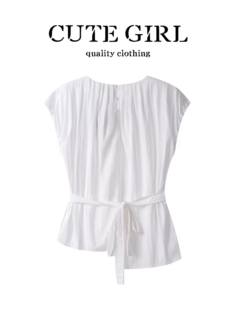 CuteGirl Thiết kế theo phong cách Hàn Quốc với tay áo xòe, áo sơ mi ngắn tay buộc dây phía sau dành cho nữ, áo bất đối xứng ôm eo mùa hè