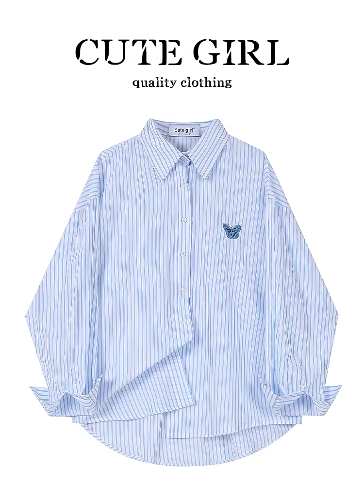 Áo sơ mi sọc xanh thêu hình bướm cao cấp CuteGirl dành cho nữ, phong cách mùa xuân, áo chống nắng dài tay giảm tuổi tác