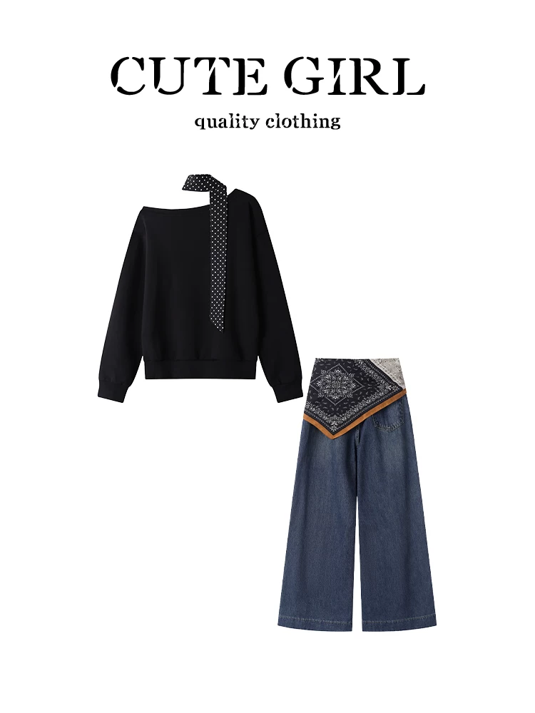Bộ trang phục giảm tuổi tác CuteGirl dành cho nữ, áo len dài tay in họa tiết màu đen mùa thu và quần denim ống rộng hai mảnh