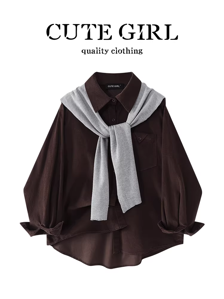 Áo sơ mi nhung kẻ màu cà phê cổ điển Hàn Quốc có khăn choàng cho nữ, phong cách mùa thu, áo sơ mi dáng rộng, giản dị và đa năng
