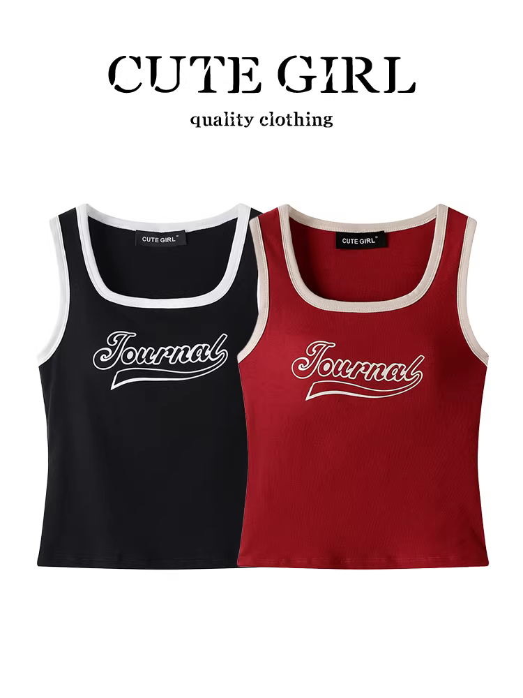 CuteGirl kiểu Mỹ cổ điển cổ vuông in chữ tương phản áo yếm nữ mùa hè ngắn dáng ôm vừa vặn