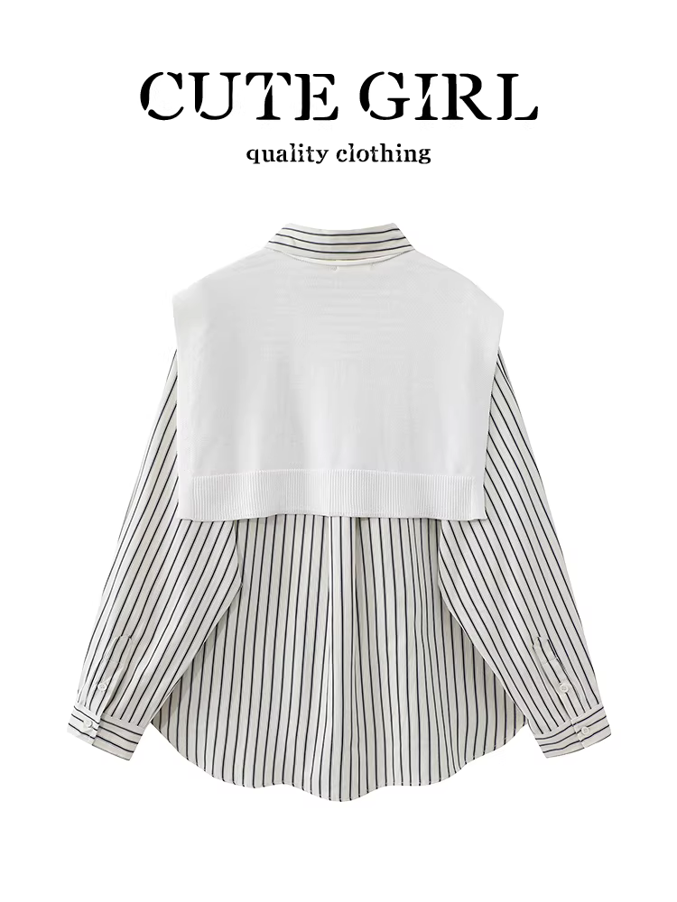 Áo sơ mi sọc cổ polo phong cách CuteGirl có khăn choàng cho nữ, áo sơ mi dáng rộng thanh lịch mùa thu, đa năng