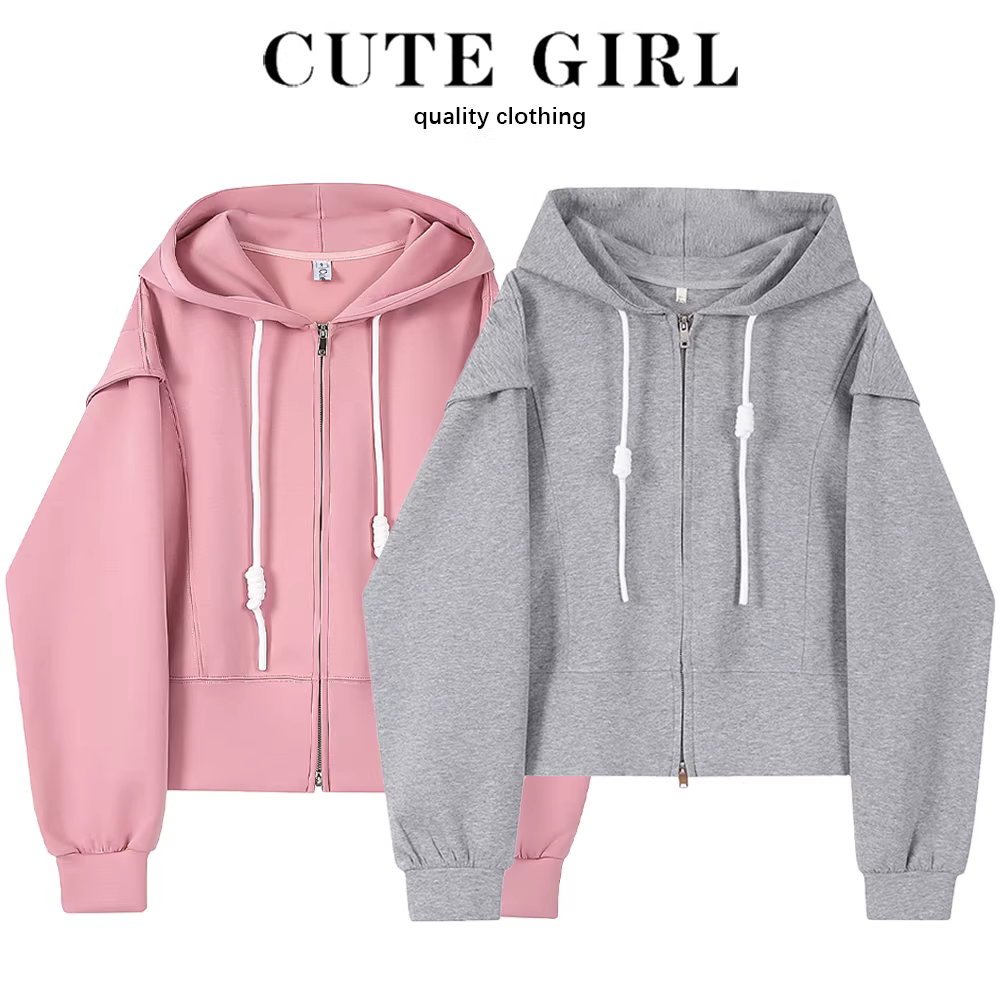 Áo khoác cardigan nhỏ nhắn dễ thương màu xám ngắn có mũ trùm đầu tay raglan dành cho nữ mùa xuân thu 2025 kiểu mới