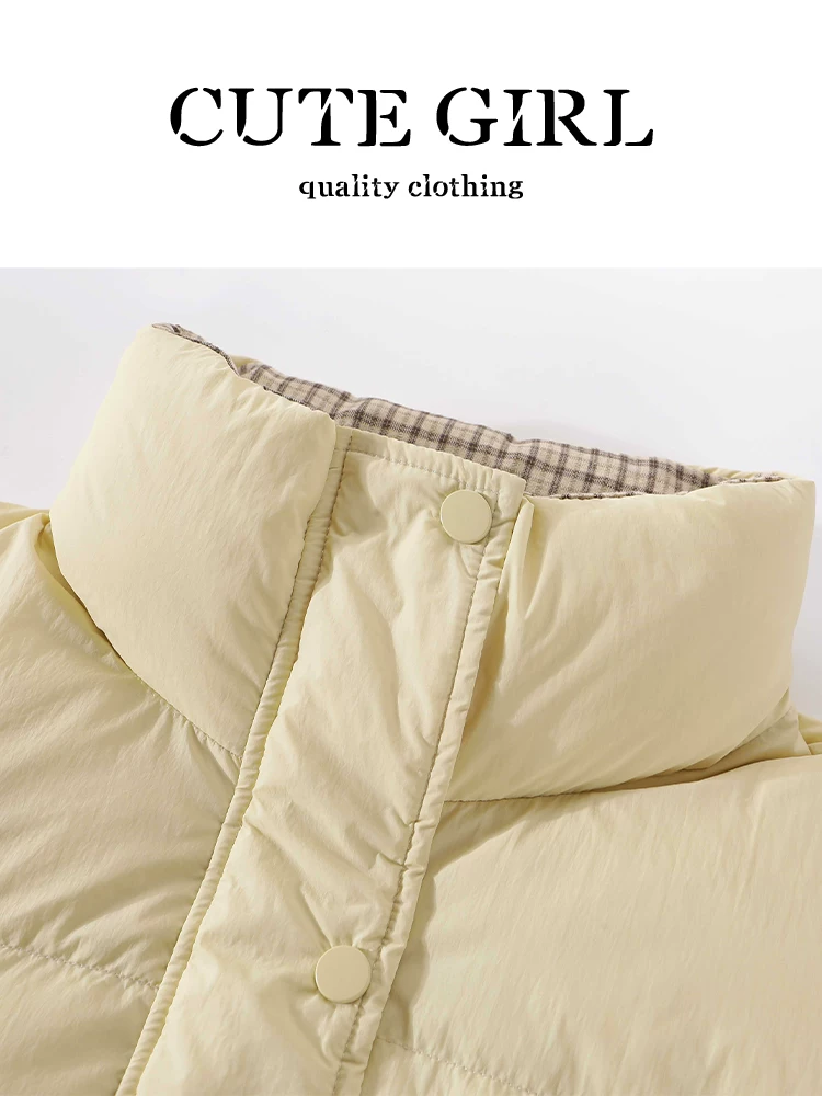Áo khoác ngắn cổ đứng màu vàng kem phong cách dễ thương dành cho nữ trong mùa thu đông, áo khoác cotton rộng rãi và đa năng dành cho người có vóc dáng nhỏ nhắn.