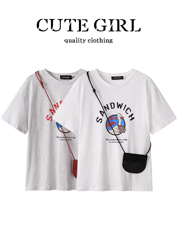 Áo thun ngắn tay màu trắng in hình chú vịt nhỏ dễ thương phong cách Hàn Quốc dành cho nữ mùa hè cổ tròn dáng rộng thường ngày