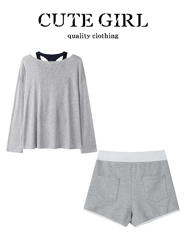 CuteGirl phong cách Hàn Quốc thể thao màu xám chống nắng áo thun nữ mùa hè có dây đeo màu khối quần short cạp cao bộ ba món