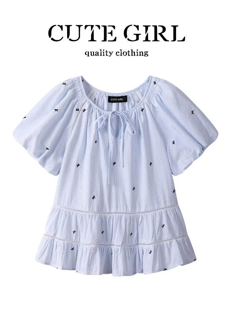 Áo sơ mi ngắn tay thêu nơ ngọt ngào phong cách Hàn Quốc dành cho nữ mùa hè cổ tròn buộc dây áo sơ mi búp bê khoét lỗ