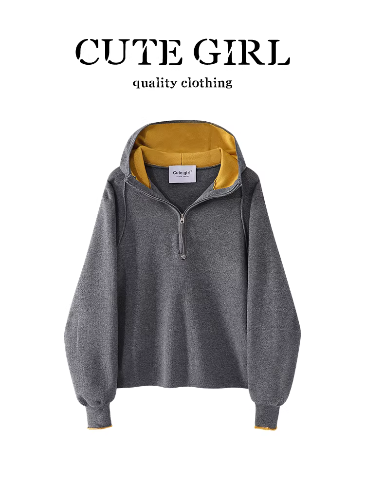 Áo len dệt kim có mũ trùm đầu màu xám phối màu thời trang CuteGirl dành cho nữ, áo dáng ôm đa năng hợp thời trang mùa thu