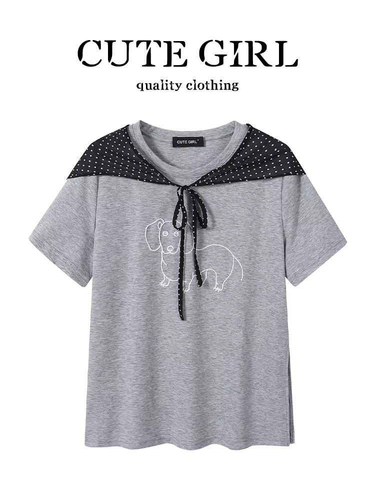 Áo thun ngắn tay thời trang Hàn Quốc CuteGirl có thêu hình chú chó con và khăn quàng cổ, áo mùa hè đa năng và sành điệu dành cho nữ, giảm tuổi tác.