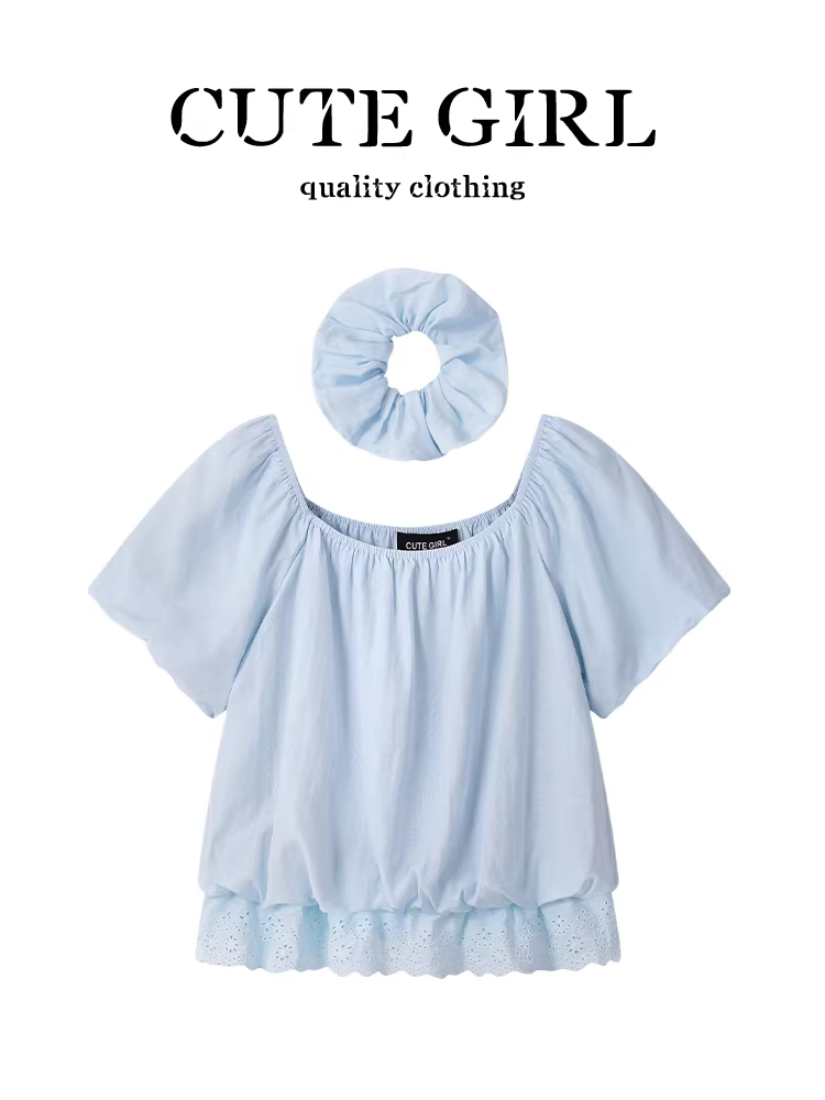 CuteGirl Pháp ren chắp vá áo sơ mi ngắn tay màu xanh dành cho nữ mùa hè cổ vuông dáng rộng tay phồng áo babydoll