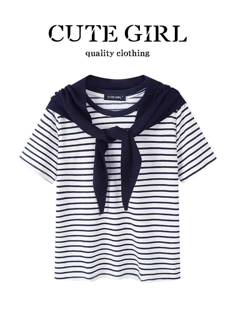 Áo thun ngắn tay kiểu dáng Hàn Quốc màu sắc phối sọc dễ thương dành cho nữ, thiết kế mùa hè, dáng rộng, giản dị, đa năng