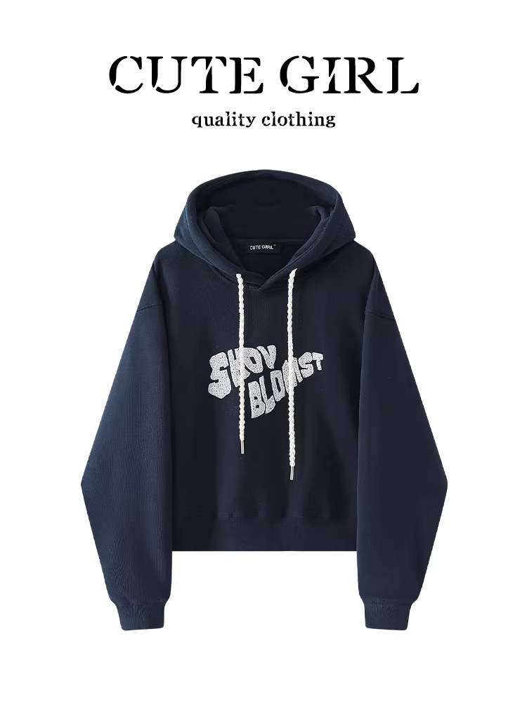 Áo nỉ có mũ trùm đầu in họa tiết màu xanh đậm theo phong cách retro Hàn Quốc dành cho nữ, áo dáng rộng, đa năng cho mùa thu đông.