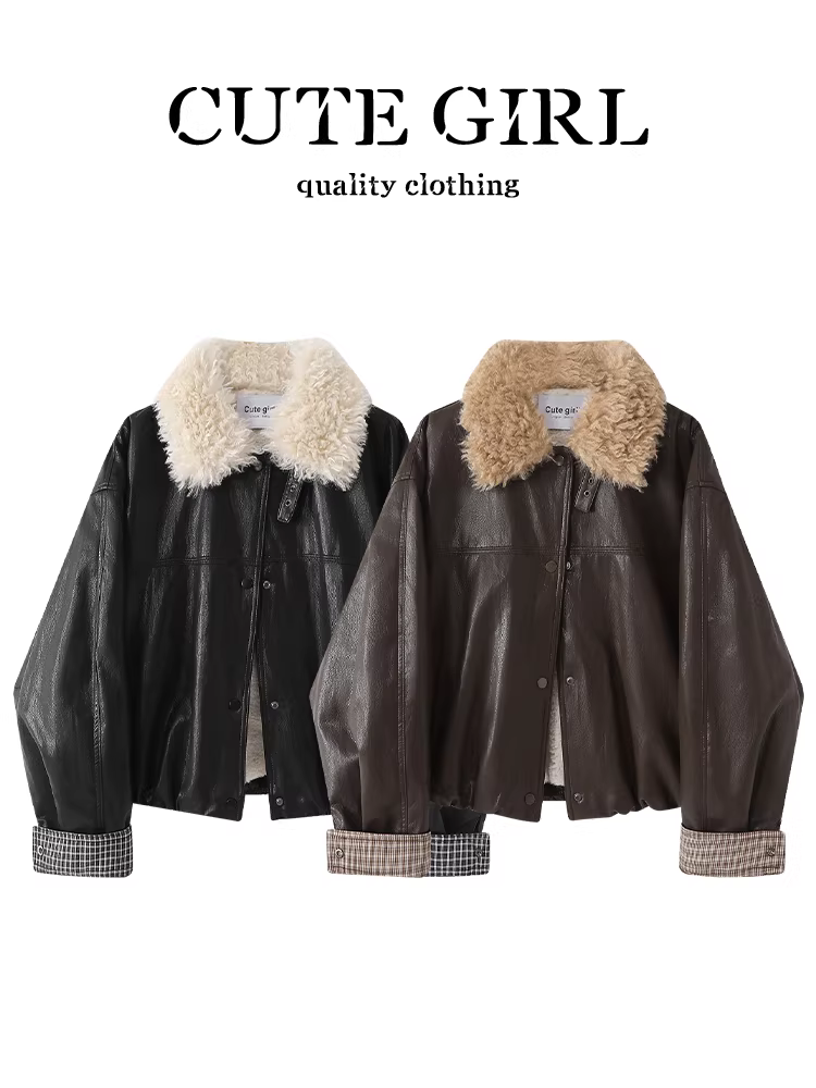 Áo khoác da lót lông cừu màu cà phê phong cách CuteGirl Barn dành cho nữ, áo khoác dáng rộng đa năng cao cấp mùa thu