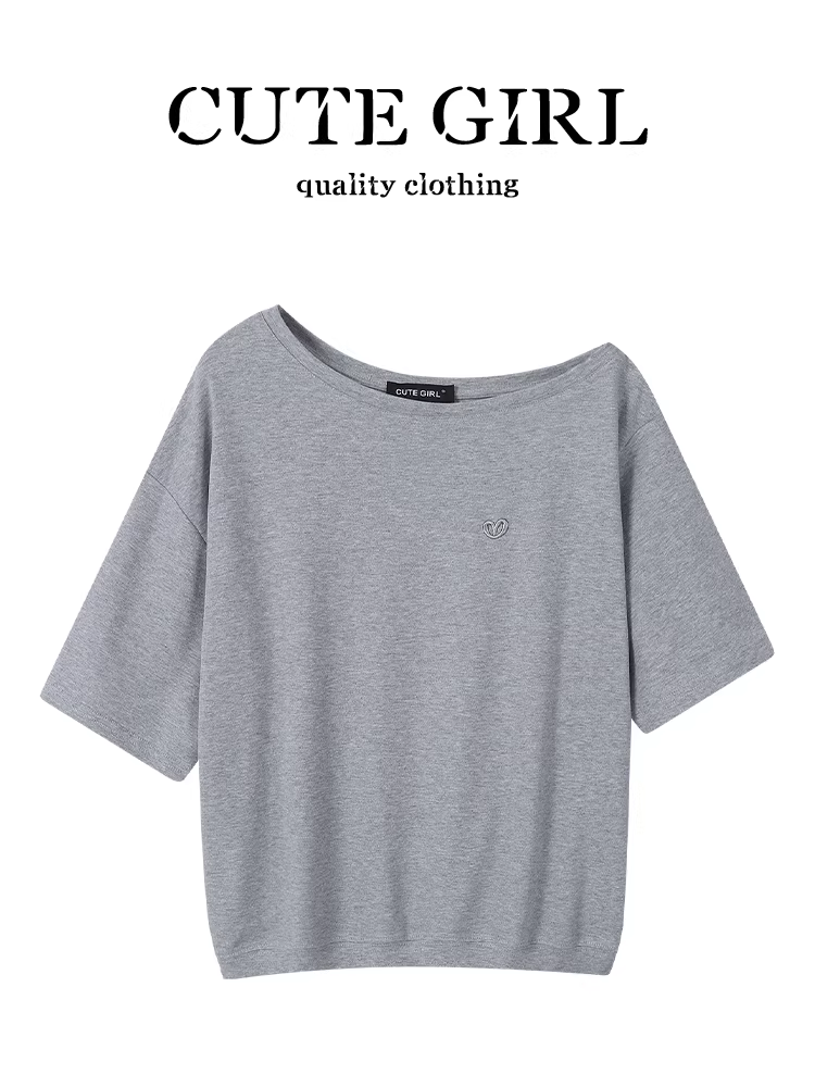 Áo thun ngắn tay lệch vai màu xám độc đáo và lộng lẫy theo phong cách Hàn Quốc dành cho nữ, áo trễ vai đa năng giảm béo cho cô gái nóng bỏng mùa hè