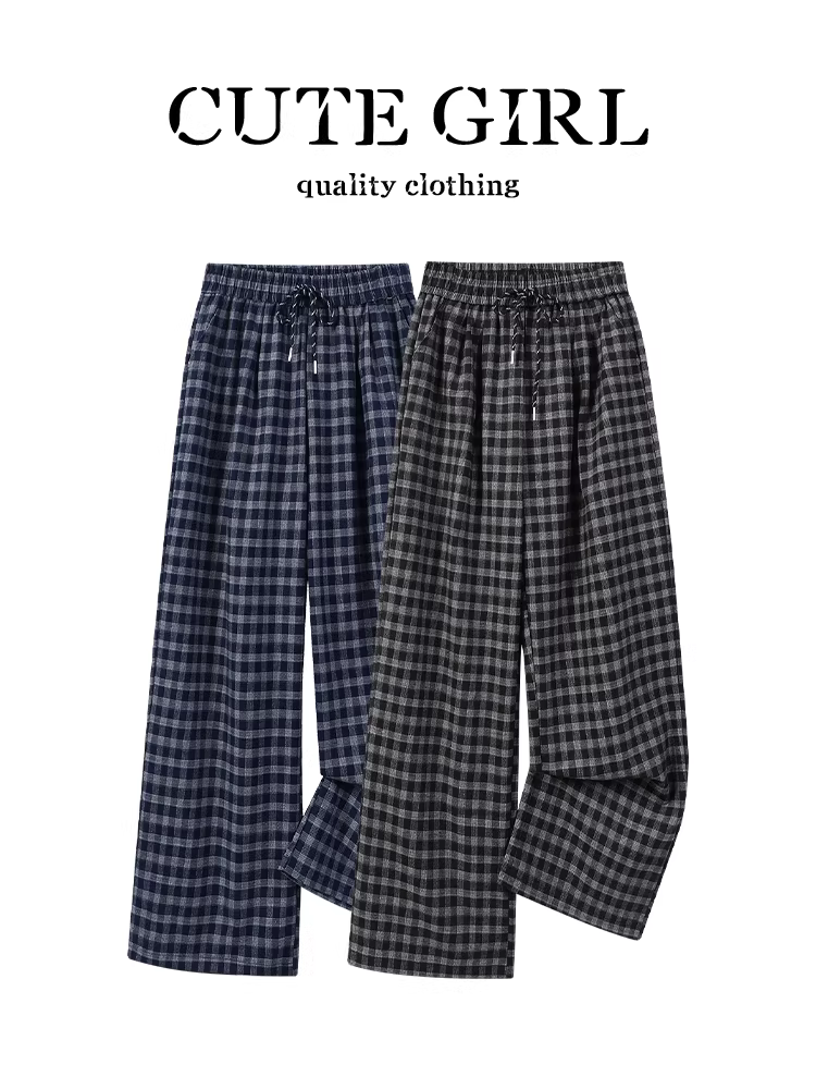 Quần âu kẻ sọc lưng thun màu xanh hải quân dễ thương dành cho nữ, quần ống rộng dáng rộng đa năng dáng rộng mùa thu