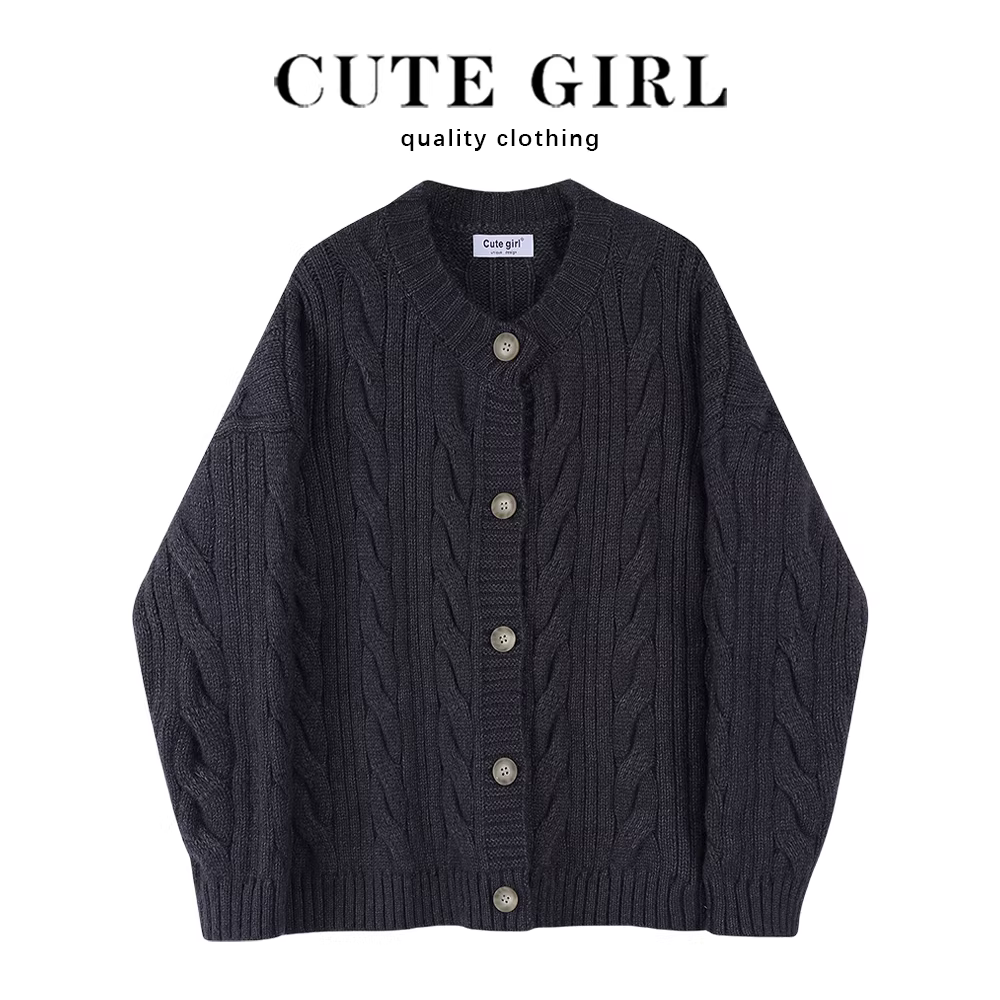 Áo len đan dây màu xám cao cấp phong cách preppy của CuteGirl dành cho nữ, phong cách thu đông mới, áo khoác ngoài kiểu dáng lười biếng.