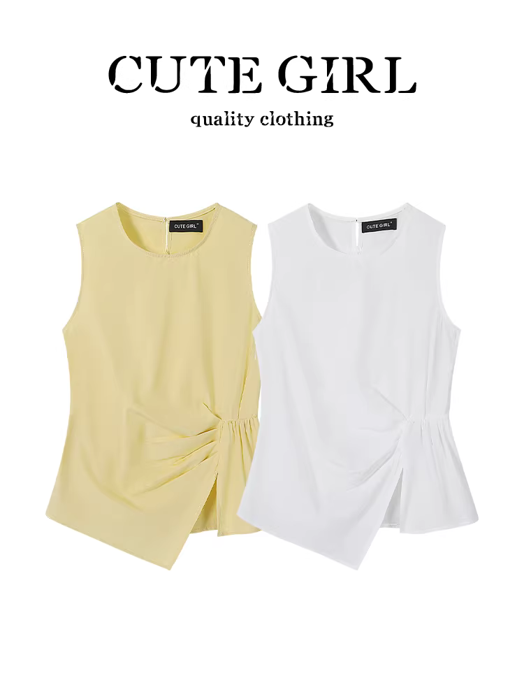 CuteGirl phong cách dịu dàng kiểu Pháp cổ tròn xếp ly áo sơ mi trắng không tay mùa hè dành cho nữ kiểu dáng ôm vừa vặn bất đối xứng sang trọng