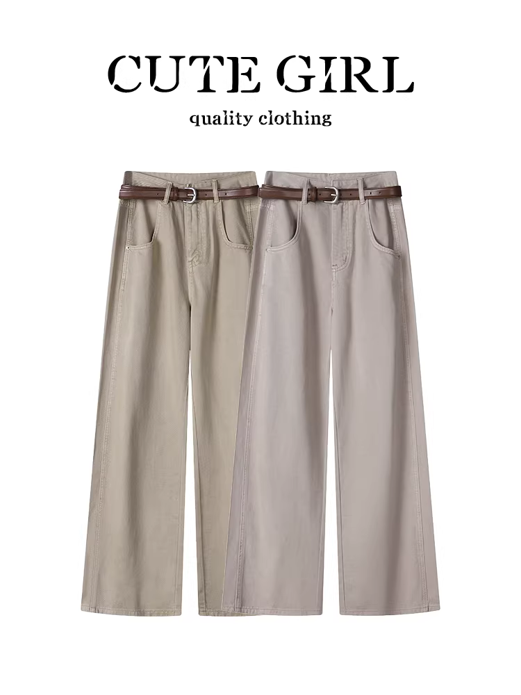 Quần ống rộng màu mơ cổ điển của CuteGirl dành cho nữ, quần ống rộng dáng suông đa năng cạp cao thu gọn dáng người mùa thu