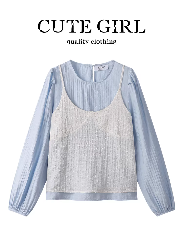 CuteGirl phong cách Hàn Quốc màu xanh dịu dàng tay phồng cổ tròn áo sơ mi nữ mùa xuân áo yếm jacquard bộ hai món