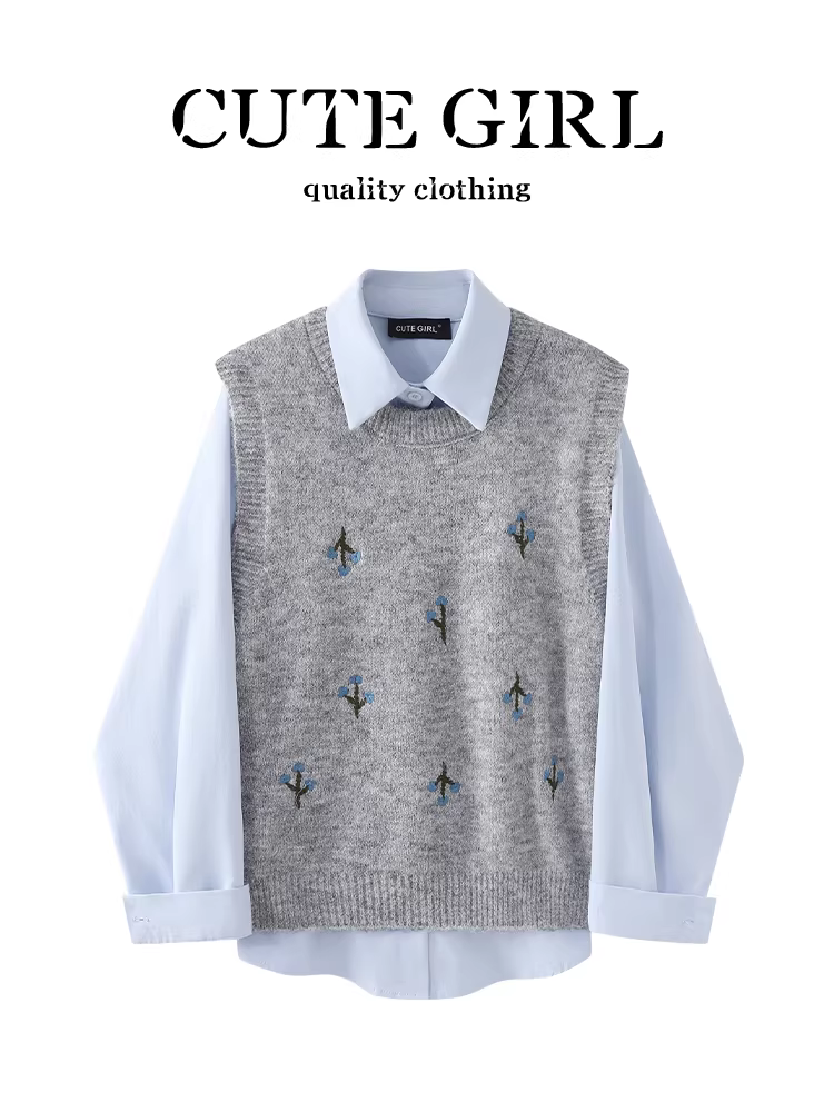 Áo vest dệt kim màu xám phong cách Hàn Quốc của CuteGirl dành cho nữ, trang phục bên trong mùa thu với áo sơ mi màu xanh Bộ hai món