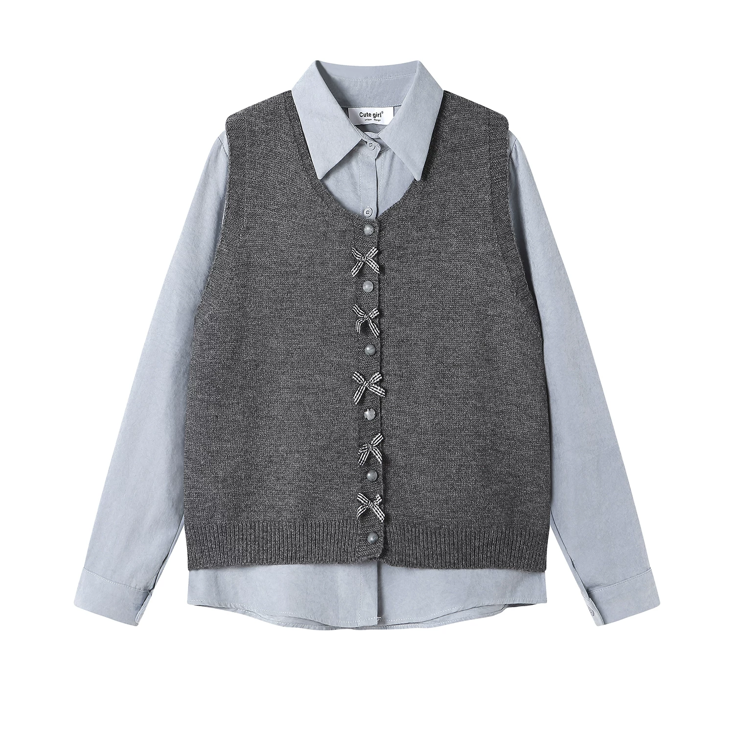CuteGirl phong cách preppy áo vest dệt kim nơ cổ điển dành cho nữ mùa xuân áo sơ mi dài tay màu trắng bộ hai món