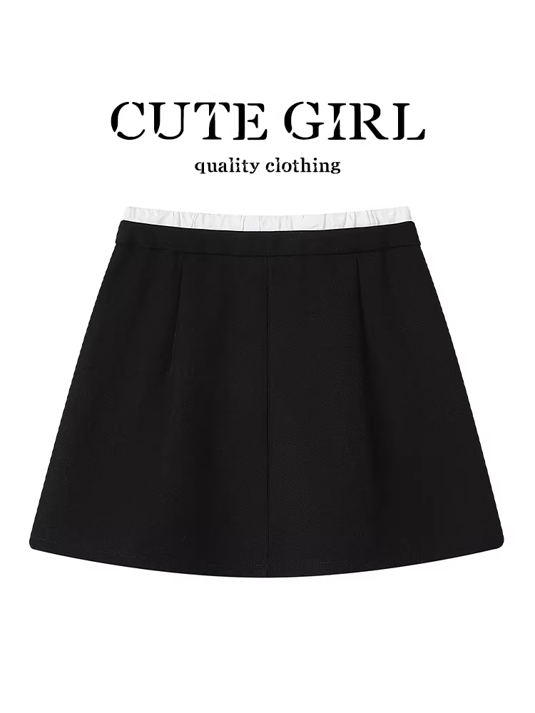 Váy đen lưng cao co giãn phong cách preppy CuteGirl dành cho nữ, váy ngắn xếp ly dáng chữ A giảm béo mùa hè