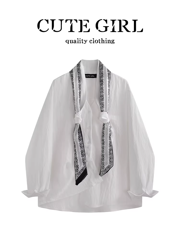 Áo sơ mi cổ chữ V có dây ruy băng lụa trắng cao cấp của CuteGirl dành cho nữ, phong cách mùa thu, áo sơ mi đi làm rộng rãi và đa năng