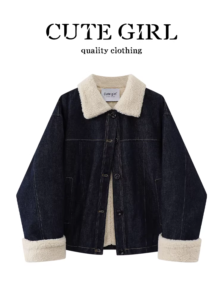 Áo khoác denim len cừu cổ điển Hàn Quốc CuteGirl dành cho nữ, thiết kế mùa thu, áo khoác lót lông cừu đa năng, dáng rộng, phong cách giản dị