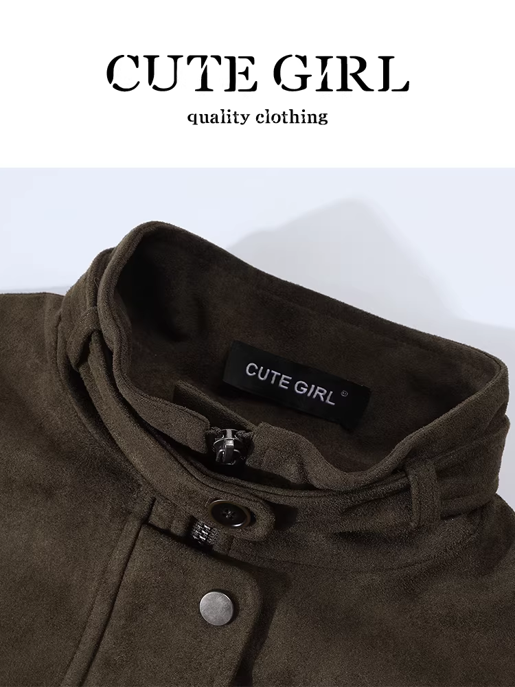 Áo khoác ngắn bằng da lộn cổ đứng lấy cảm hứng từ thiết kế CuteGirl dành cho nữ, áo khoác dáng rộng thông thường cao cấp mùa thu đa năng