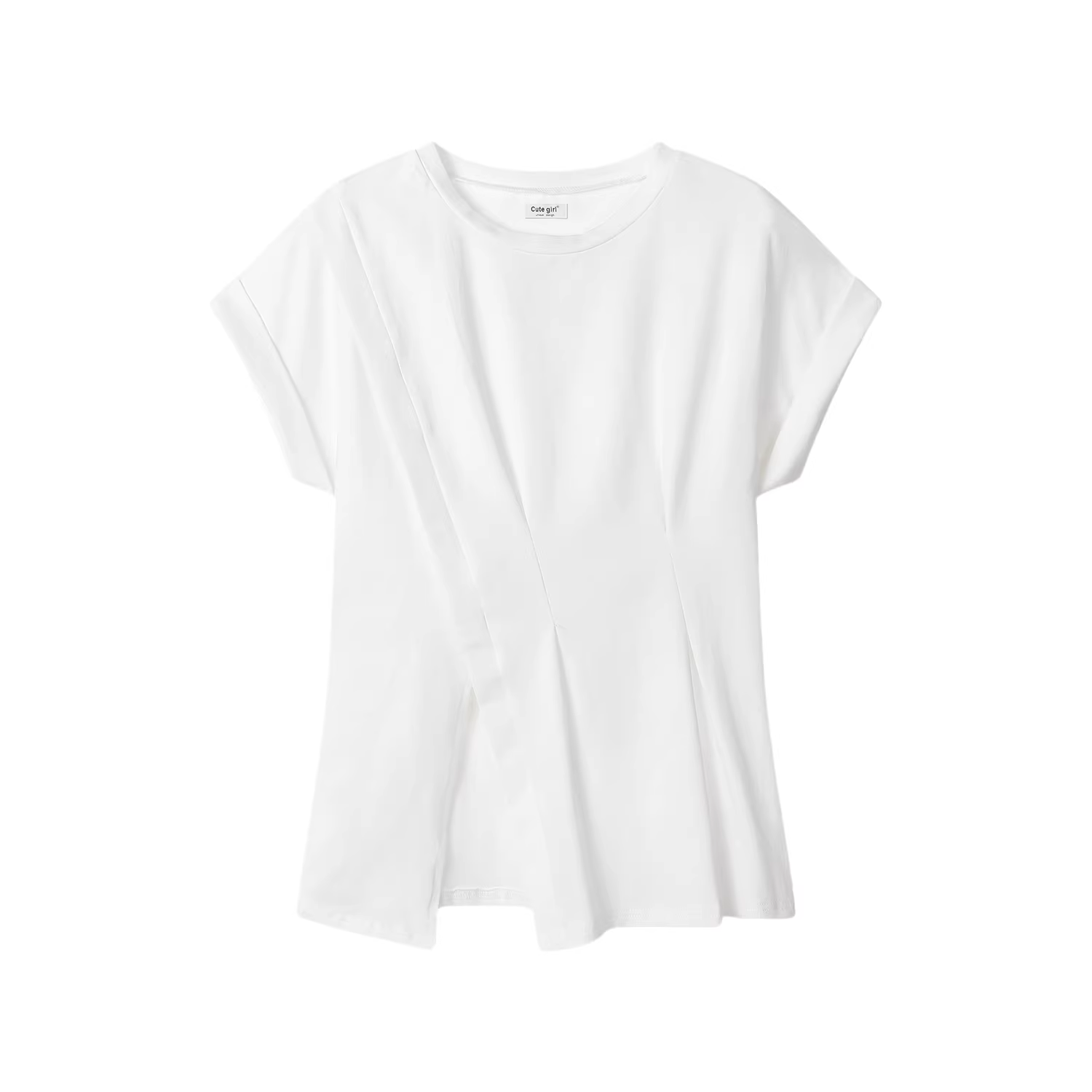 Áo thun ngắn tay màu trắng xẻ tà bất đối xứng phong cách Hàn Quốc dành cho nữ mùa hè thời trang mới cổ tròn xếp ly