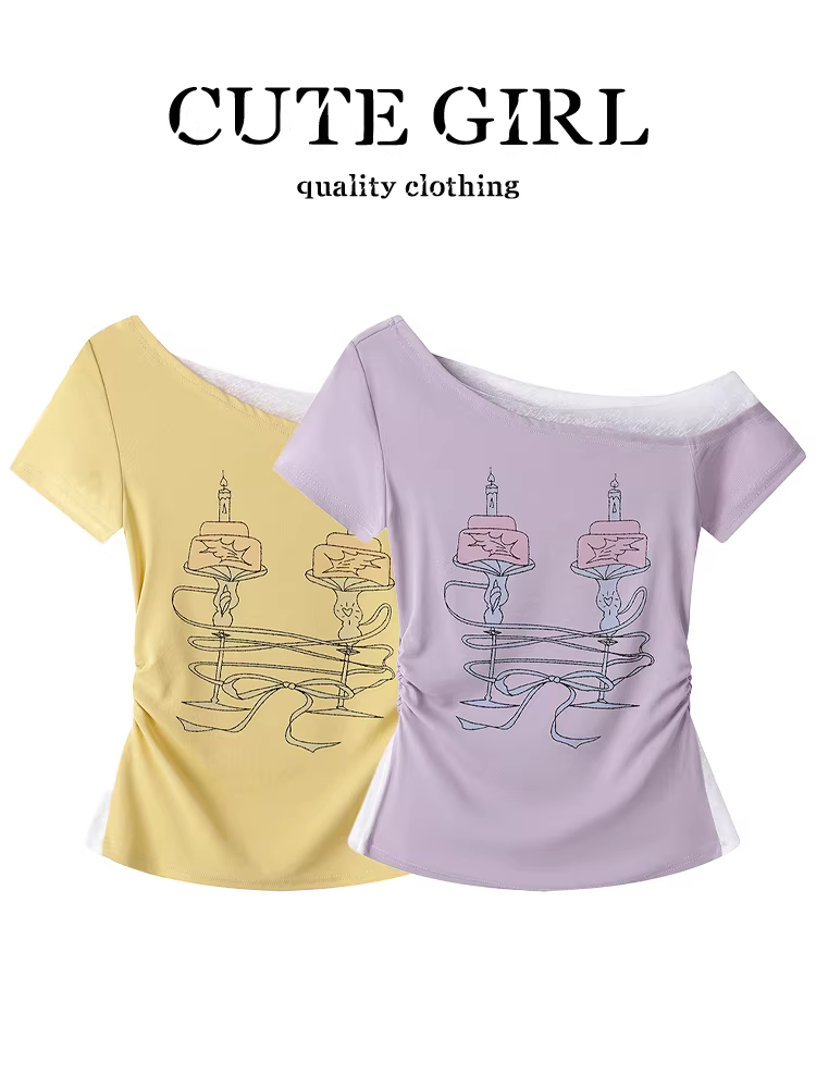 CuteGirl phong cách cay cay màu tím thuần khiết khao khát áo thun ren chắp vá lệch vai tay ngắn dành cho nữ kỳ nghỉ hè áo hai dây lệch vai