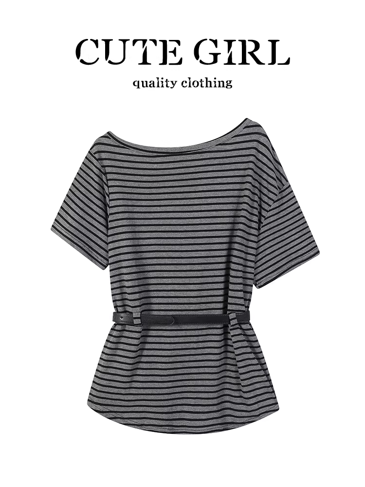 Áo thun ngắn tay trễ vai kiểu dáng cổ điển sọc kiểu Hàn Quốc dành cho nữ, áo thun ngắn tay đa năng mùa hè