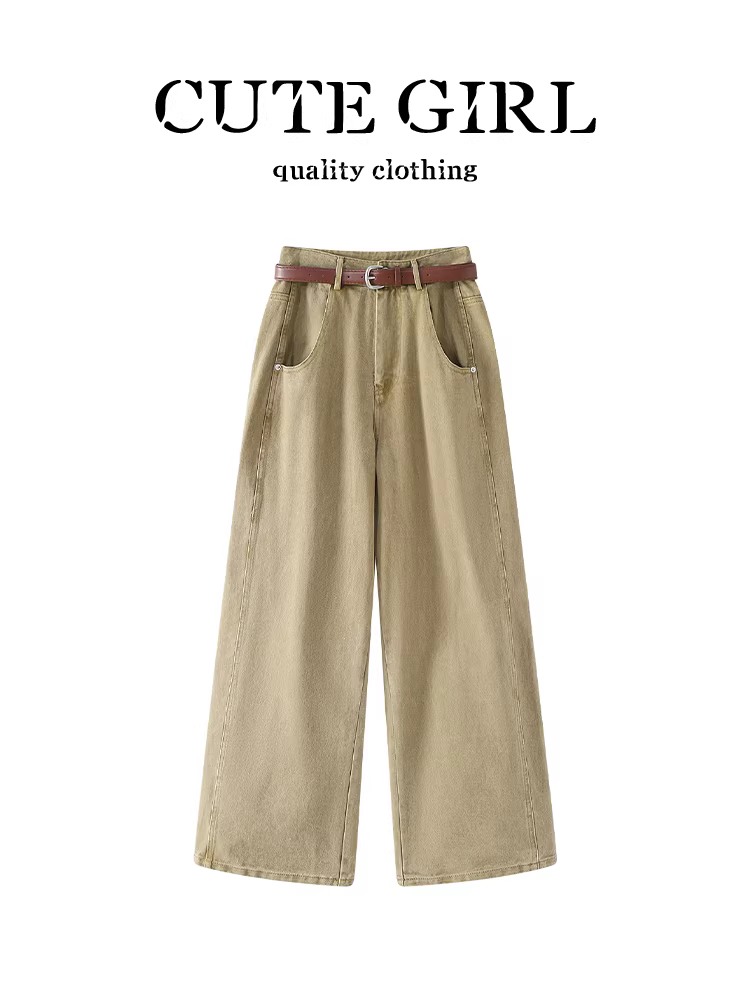 Quần ống rộng kaki retro Hàn Quốc CuteGirl dành cho nữ, quần thường ngày đa năng cạp cao giảm béo mùa thu đông