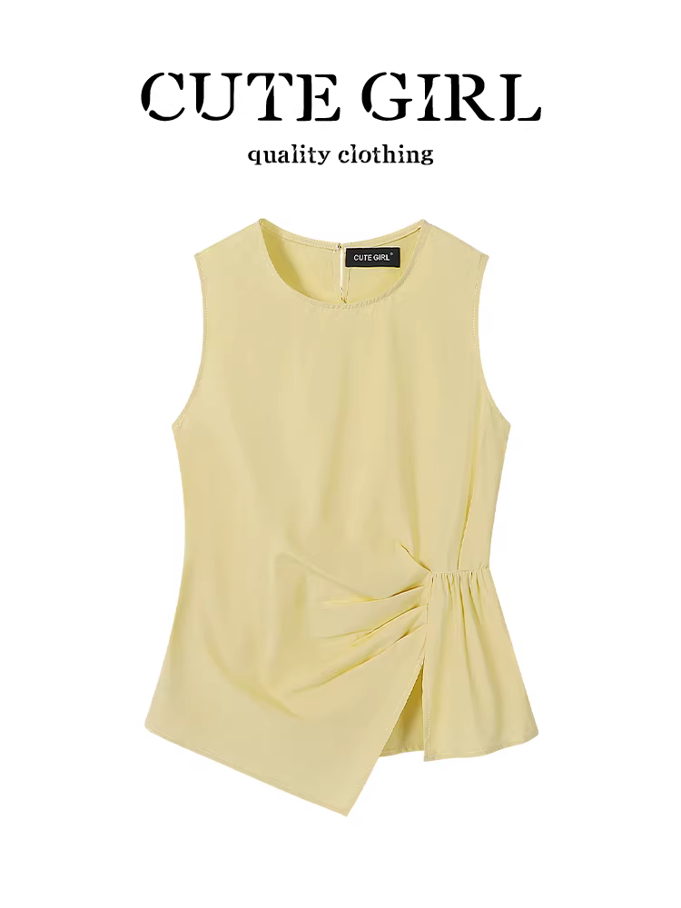 Áo sơ mi không tay xếp ly cổ tròn bất đối xứng phong cách Pháp CuteGirl dành cho nữ mùa hè thiết kế độc đáo áo ôm eo