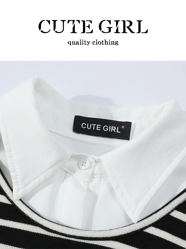 Áo sơ mi kẻ sọc giả hai mảnh phong cách Hàn Quốc CuteGirl dành cho nữ, thiết kế mùa thu, dáng rộng, giản dị, áo sơ mi xếp lớp đa năng