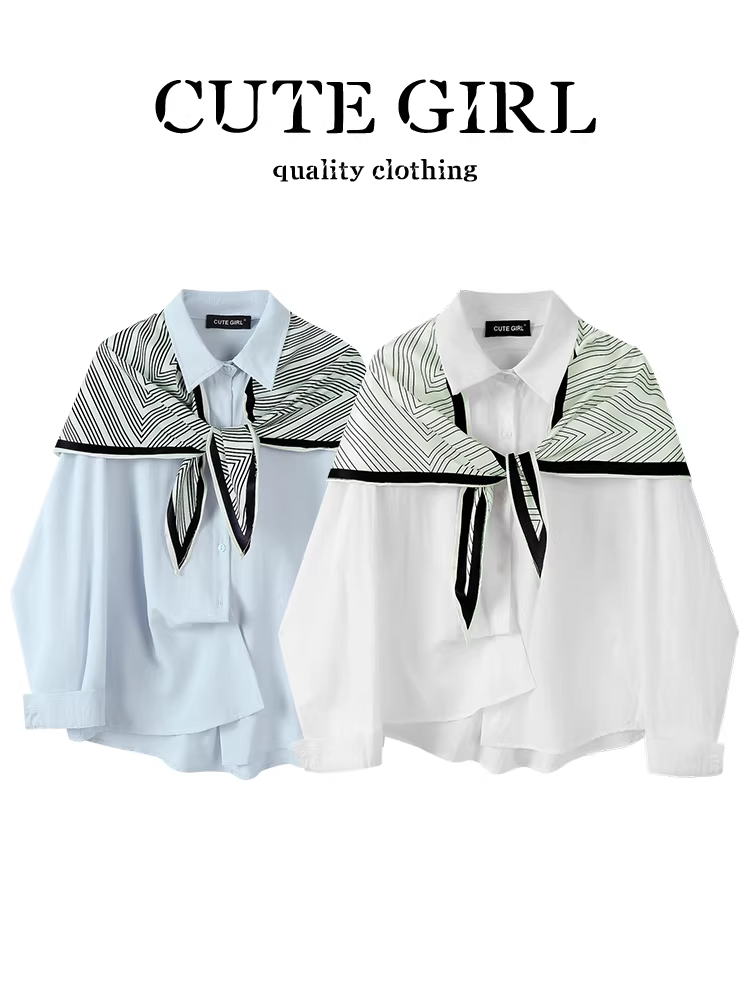 Áo sơ mi dài tay cổ trắng phong cách Pháp có khăn choàng cổ dành cho nữ, áo dáng rộng và đa năng cho mùa thu sớm