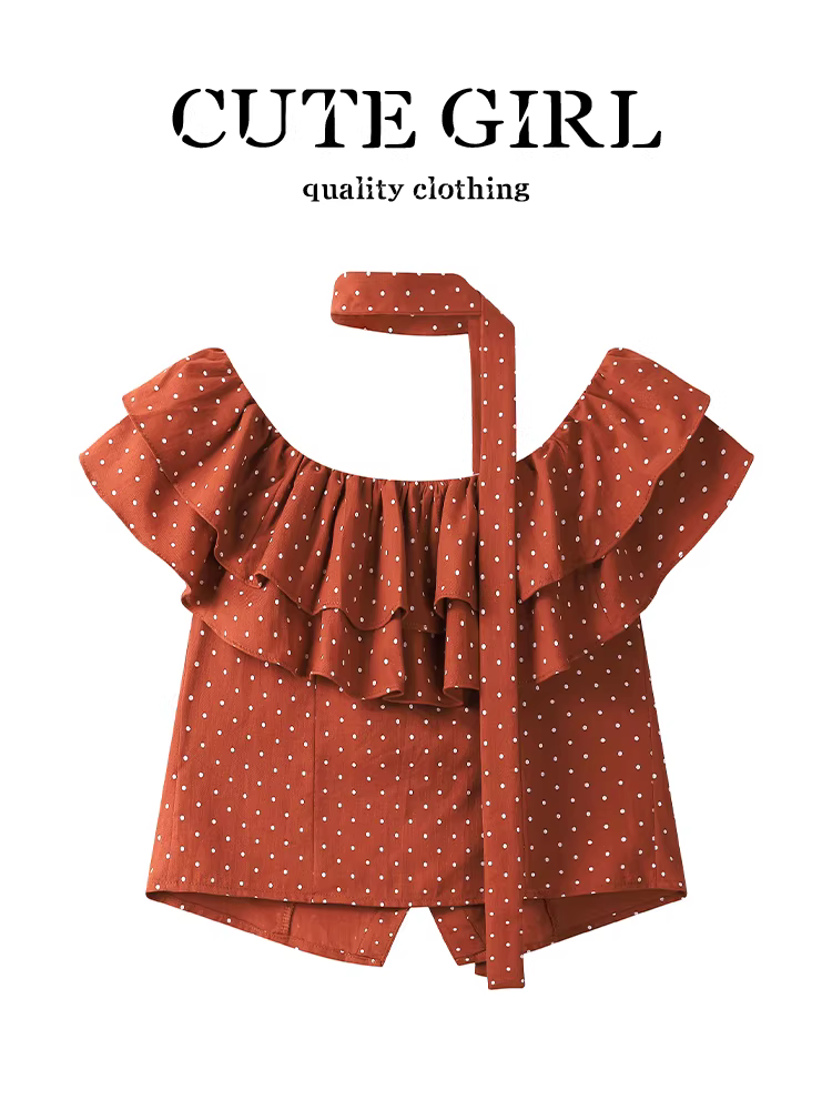 Áo sơ mi ngắn tay chấm bi trễ vai kiểu Pháp dễ thương dành cho nữ, áo ngắn cổ yếm mùa hè có dây ruy băng