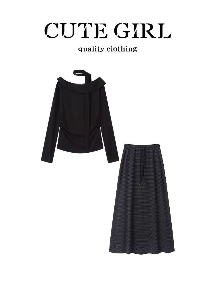 CuteGirl mặc một bộ trang phục hoàn chỉnh cho mùa thu sớm dành cho nữ, bao gồm áo thun dài tay lệch vai màu đen có ruy băng và bộ hai mảnh váy sọc.