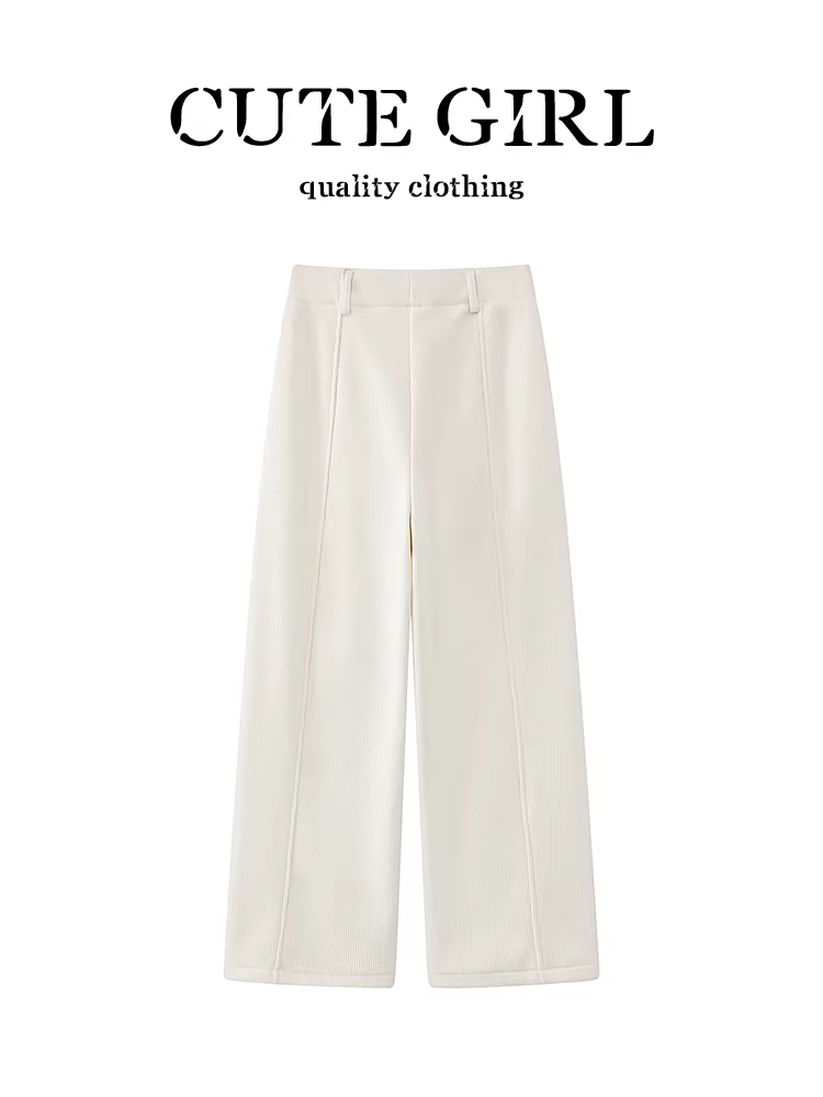 Quần vải nhung trắng cao cấp CuteGirl dành cho nữ, mùa thu đông, quần ống đứng dáng ôm eo cao thanh lịch, lót lông cừu