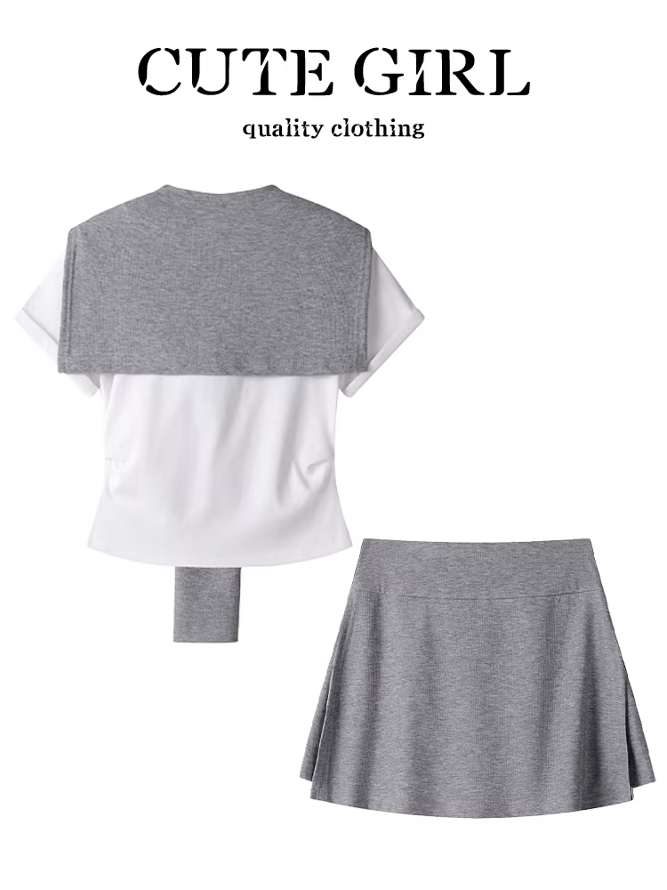 CuteGirl phong cách Hàn Quốc bộ đồ nhỏ xinh dành cho nữ mùa hè khăn choàng áo thun ngắn tay váy lưng cao màu xám bộ hai món
