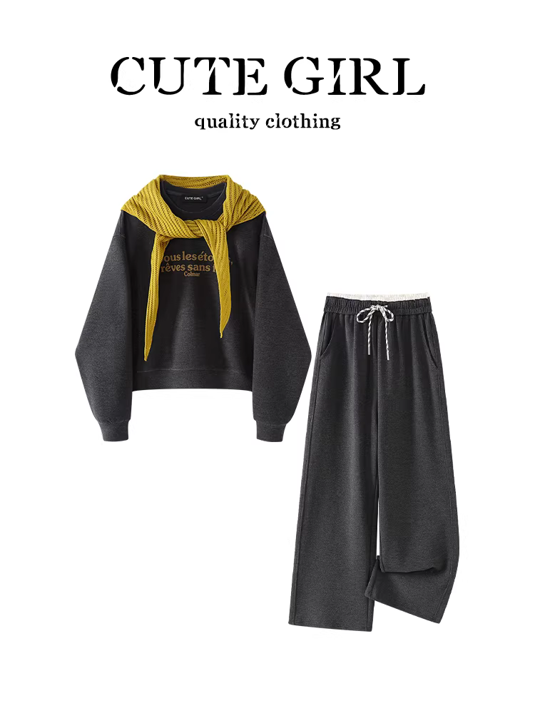 Bộ trang phục giảm tuổi tác CuteGirl dành cho nữ mùa thu, áo len màu mơ có khăn choàng và họa tiết in, bộ quần âu màu xám