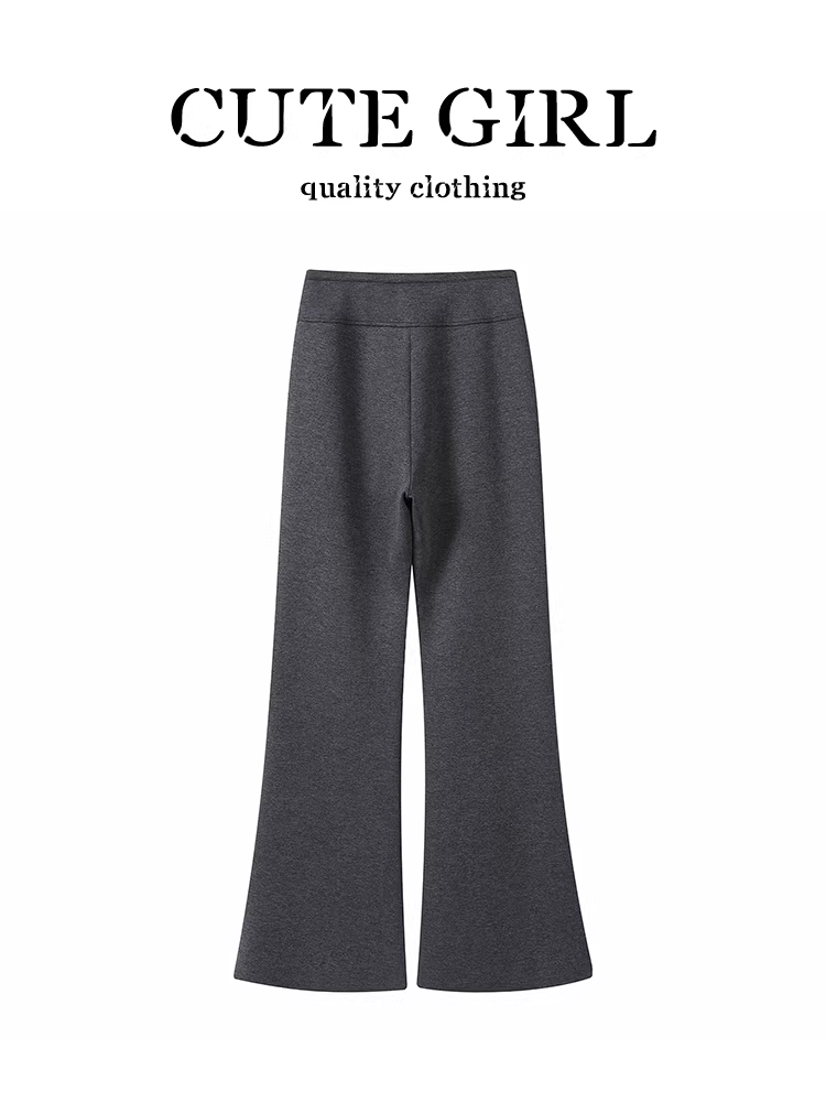 Quần ống loe thông thường có eo co giãn màu xám đậm phong cách CuteGirl dành cho nữ, quần thể thao đa năng cạp cao giảm béo mùa thu