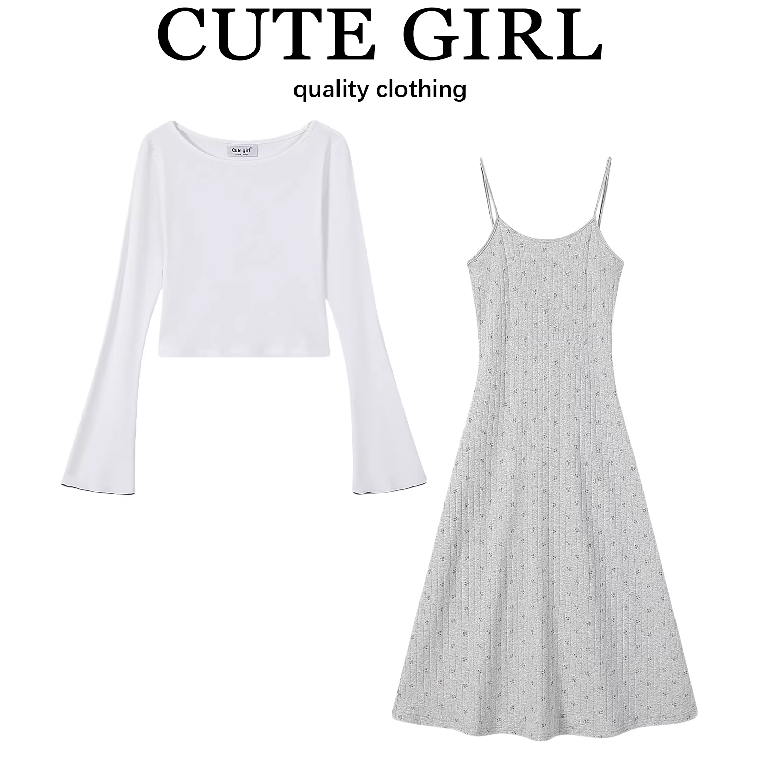 CuteGirl Váy dây đeo nhiều lớp dệt kim phong cách Hàn Quốc dành cho nữ, bộ hai mảnh áo thun tay chuông màu trắng mùa xuân