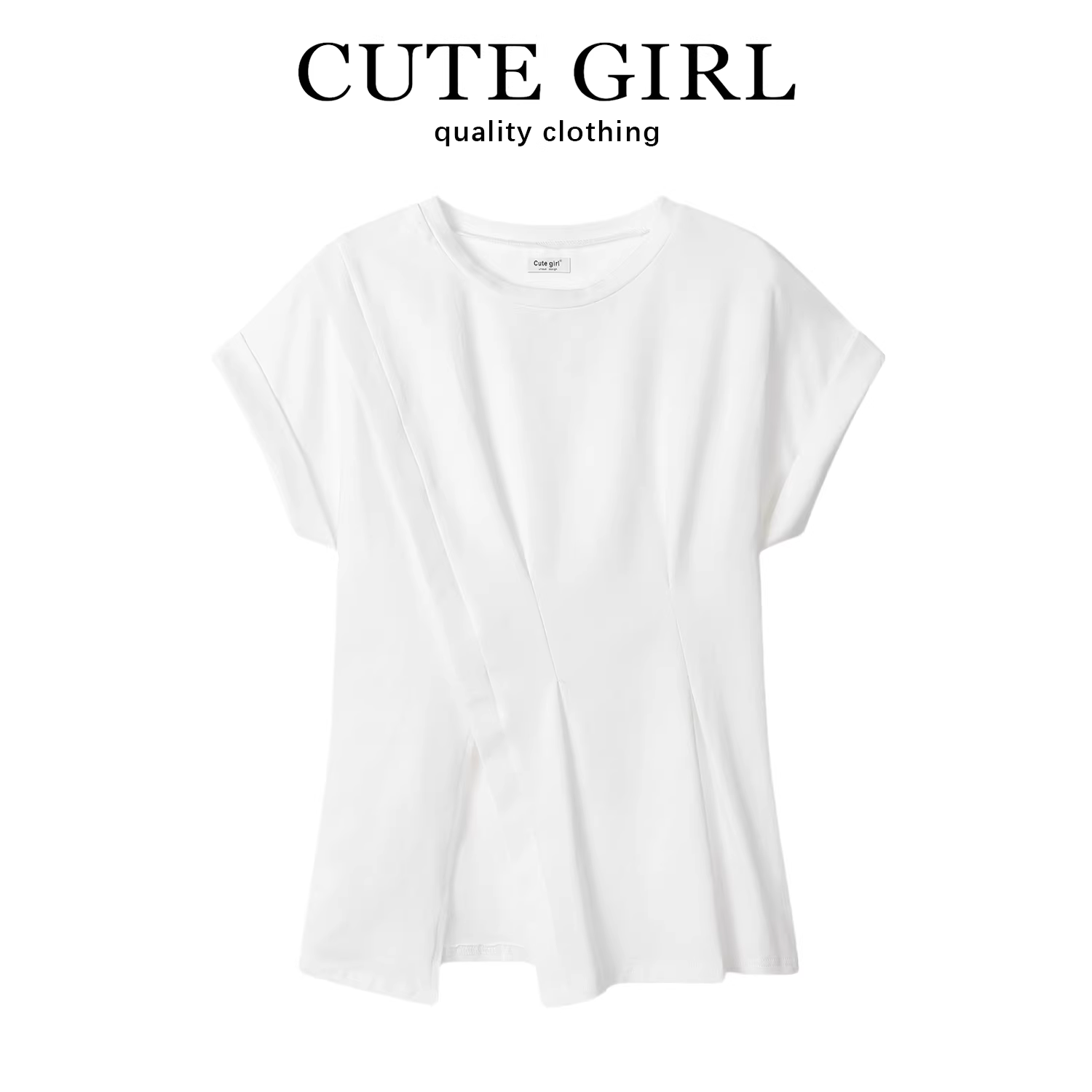 Áo thun ngắn tay màu trắng xẻ tà bất đối xứng phong cách Hàn Quốc dành cho nữ mùa hè thời trang mới cổ tròn xếp ly