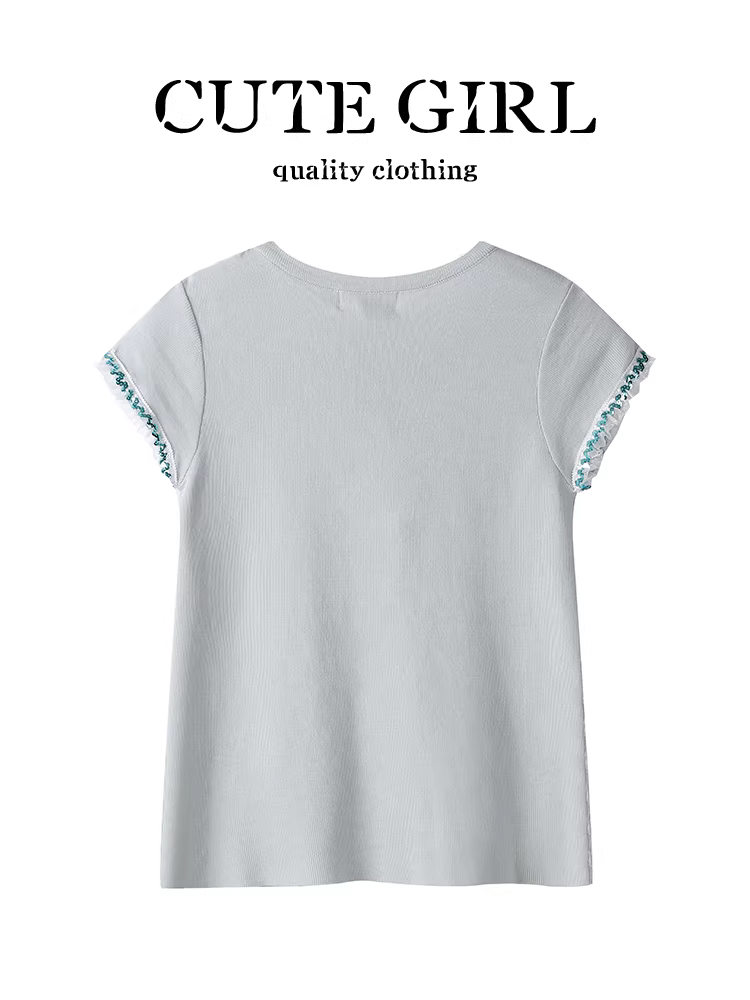 Áo thun ngắn tay dệt kim ren sequin màu xanh lá cây cao cấp phong cách Hàn Quốc dành cho nữ mùa hè