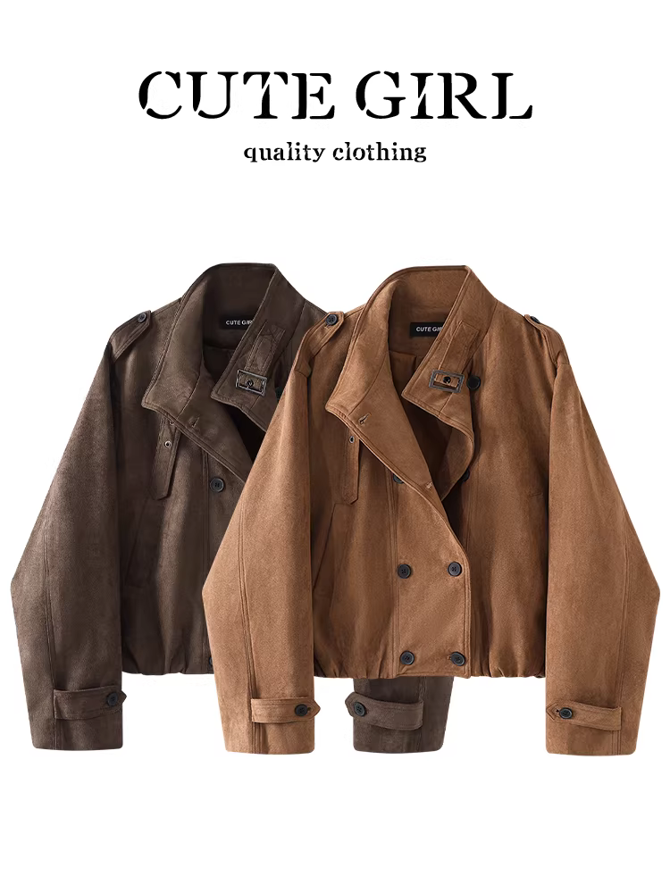 Áo khoác da lộn màu caramel phong cách CuteGirl Melard dành cho nữ, thiết kế mùa thu, áo khoác da biker rộng rãi và đa năng.