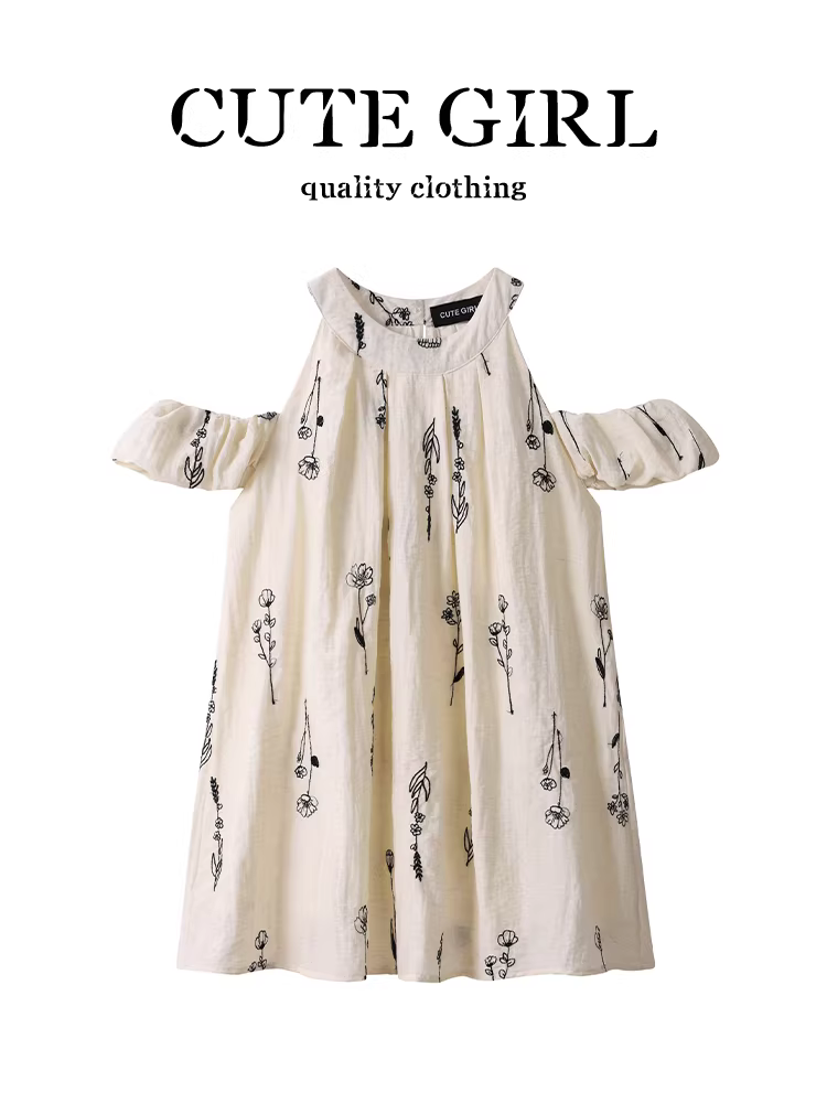 Áo sơ mi không tay cổ yếm thêu hoa phong cách resort của CuteGirl dành cho nữ trong mùa hè, áo trễ vai độc đáo và đẹp mắt