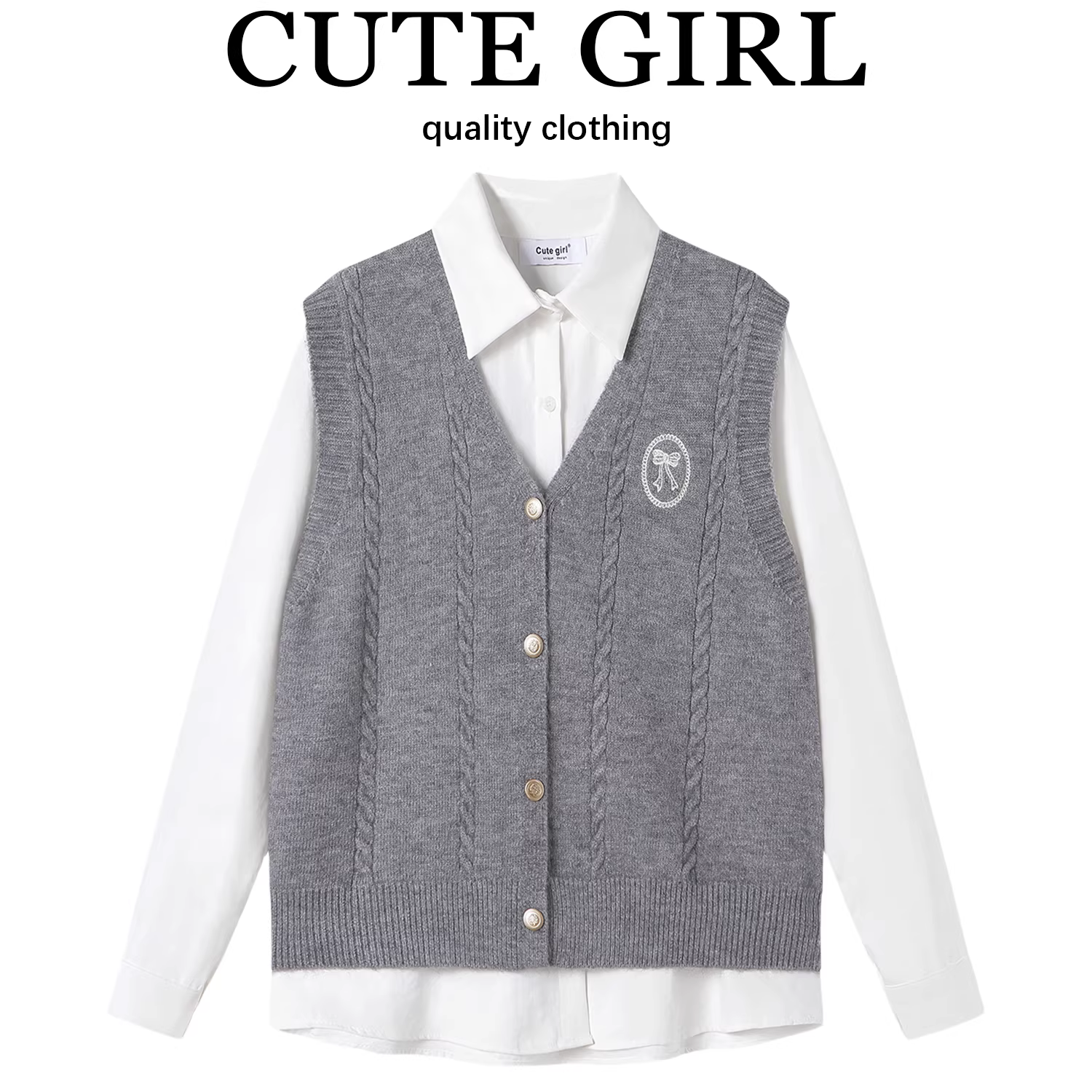 CuteGirl phong cách preppy áo vest dệt kim thêu nơ màu xám dành cho nữ mùa xuân áo sơ mi dài tay xếp lớp bộ hai món