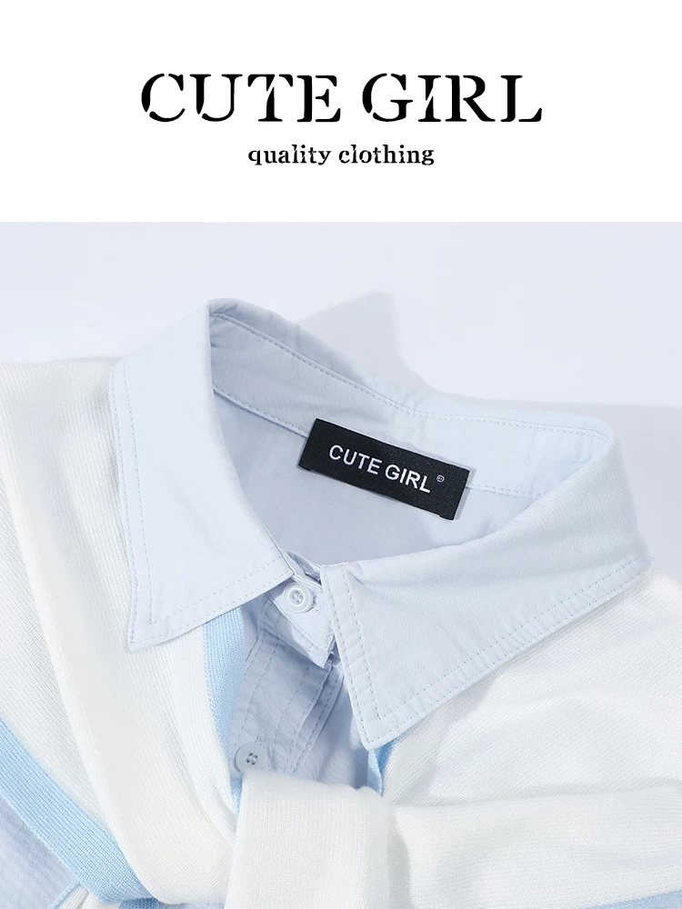 Bộ đồ hai mảnh kiểu preppy màu sắc tương phản của CuteGirl áo sơ mi màu xanh lam dành cho nữ Bộ đồ hai mảnh thời trang và trẻ hóa tuổi tác đầu xuân